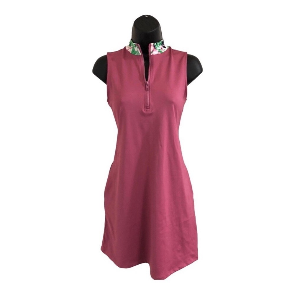 New Tommy Bahama pink floral collar gold tank sleeveless dress pockets small